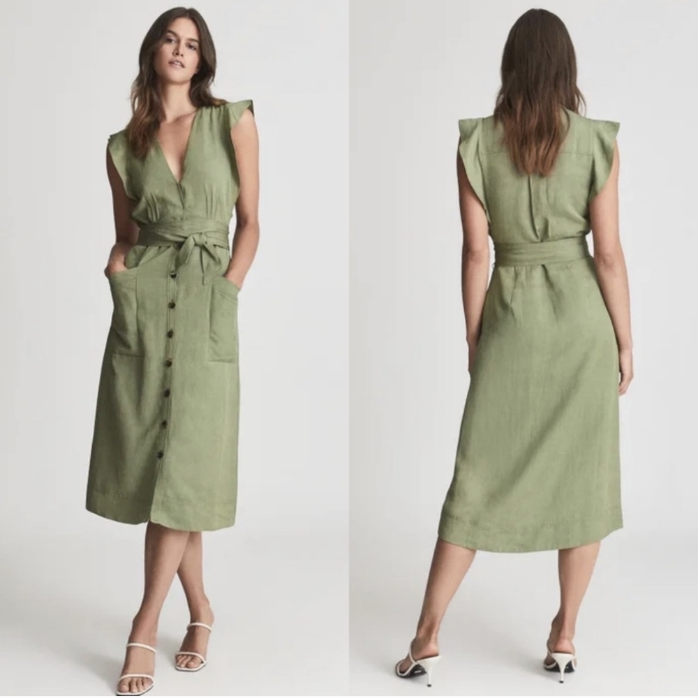 NEW Reiss | Emma Linen Blend Midi Dress in Khaki Size 0 (NWOT)